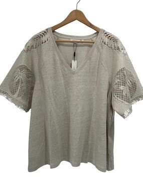 NWT Chico's Linen Palm Tree Lace Sleeve V Neck Top in River Rock - XXL